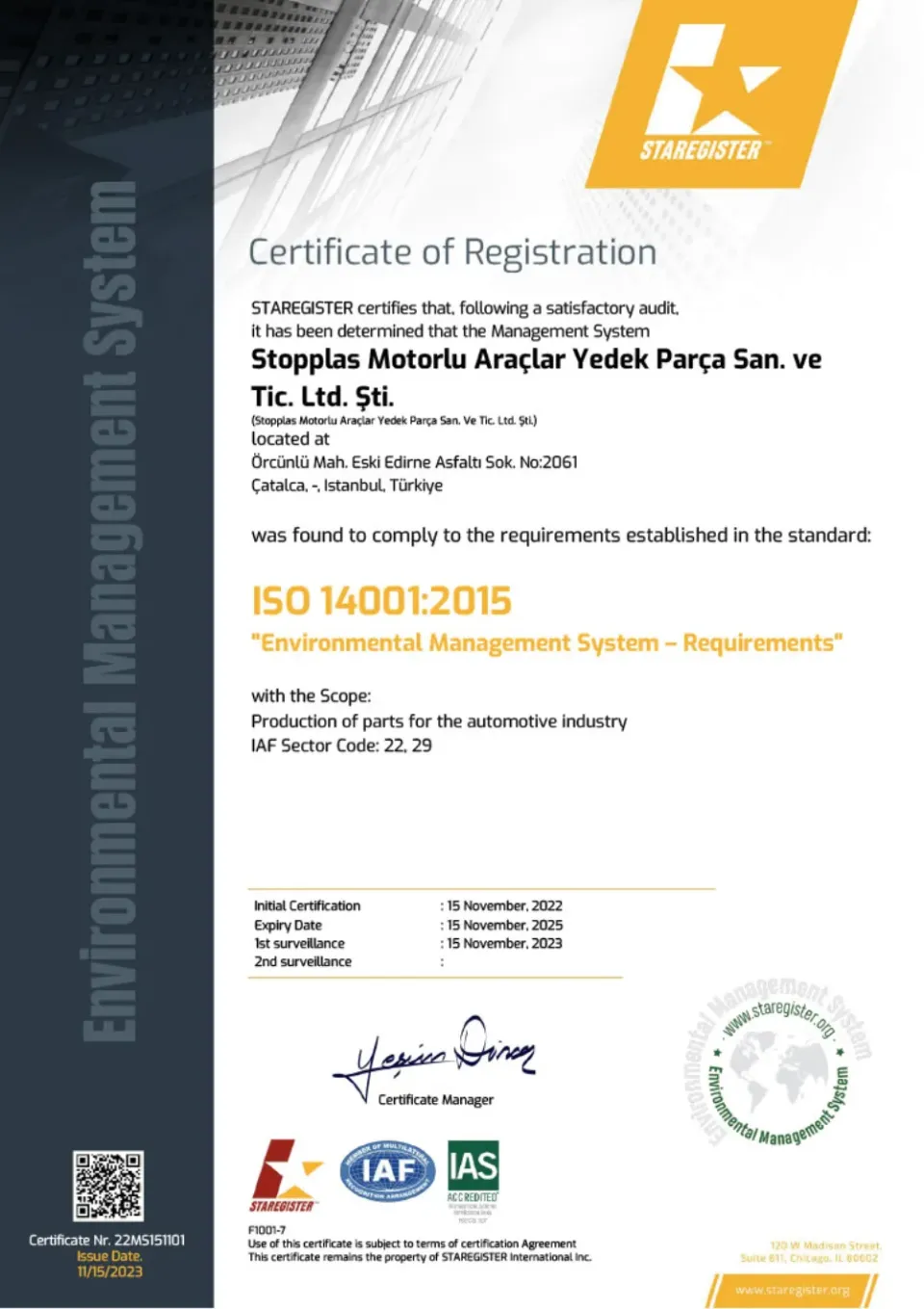 Stopplas ISO 14001 certificate